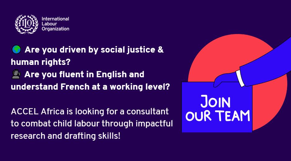 🌍 Are you driven by social justice & human rights? Join ACCEL Africa as a consultant to document and design good practices against #childlabour. If you have a keen eye for research and storytelling -we are looking for you! Apply by 1 April - More info: ilo.org/africa/technic…