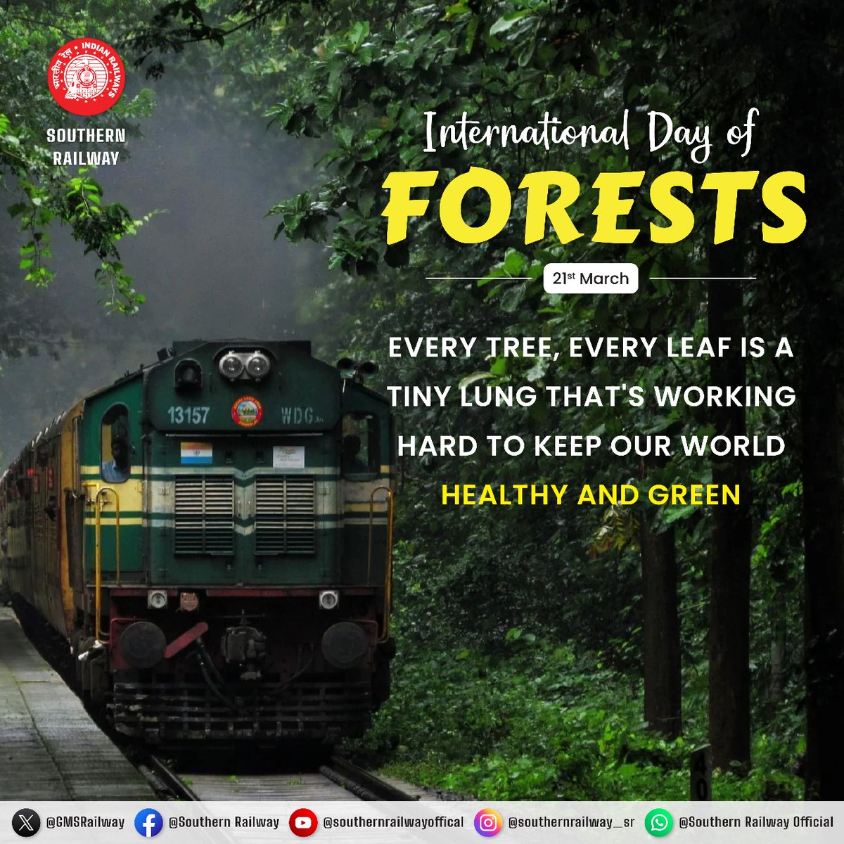 Did you know? 

Every tree acts like a tiny lung, cleaning our air. This #WorldForestDay, let's pledge to protect them!

#ForestsForTheFuture  #ProtectOurForests  #TreesForLife #SouthernRailway #ProtectNature