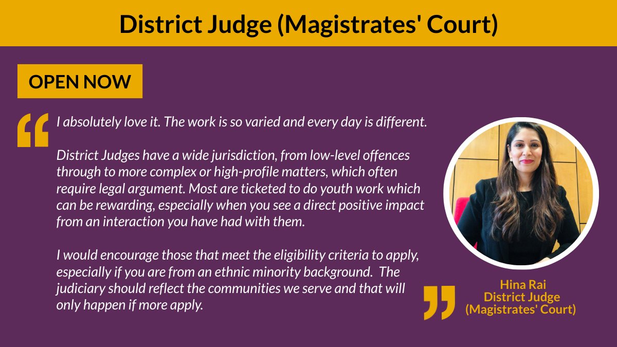 🚨📢OPEN NOW until Tues 9 April at 1pm – District Judge (Magistrates’ Courts). Vacancies across England and Wales. ➡️Read more about the role from District Judge (Magistrates' Court) Hina Rai: 👉bit.ly/DJMC-H-Rai ➡️Find out more and apply here: 👉bit.ly/JAC-DJMC