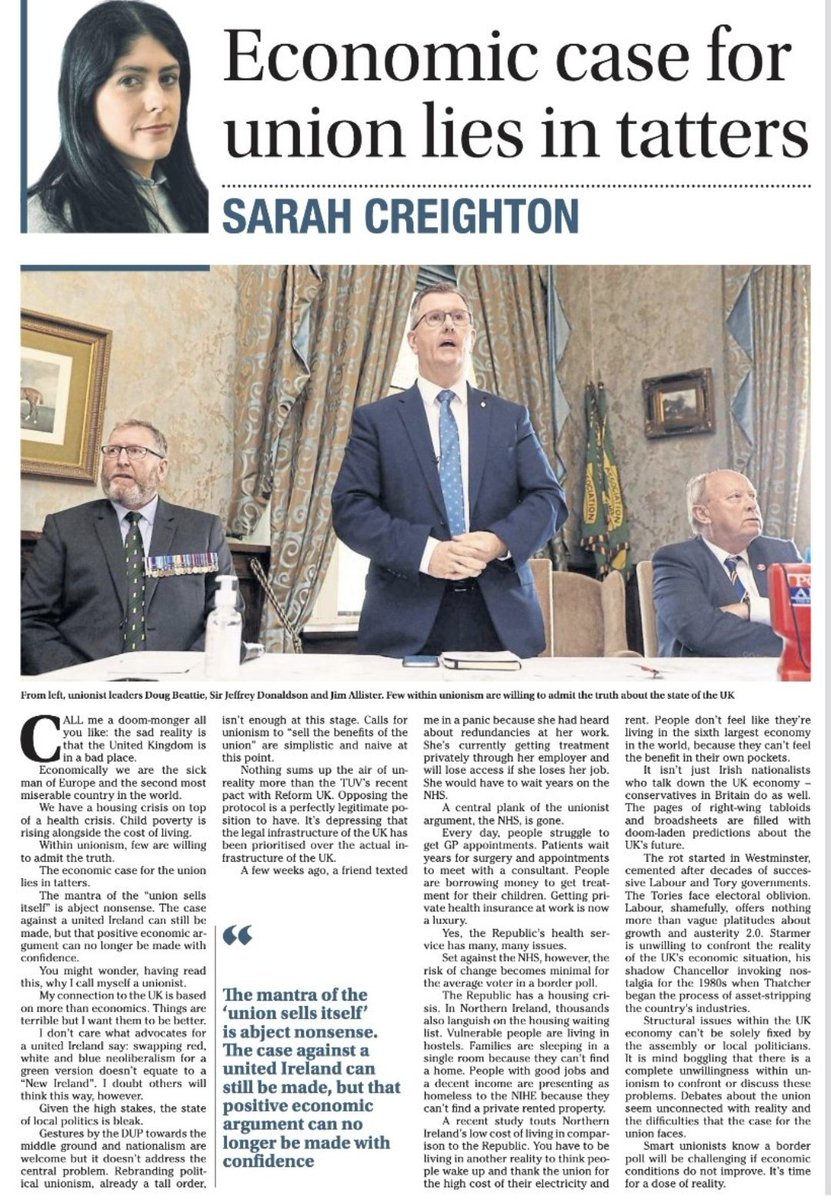 Economic case for the union lies in tatters - Sarah Creighton in today's Irish News #Think32