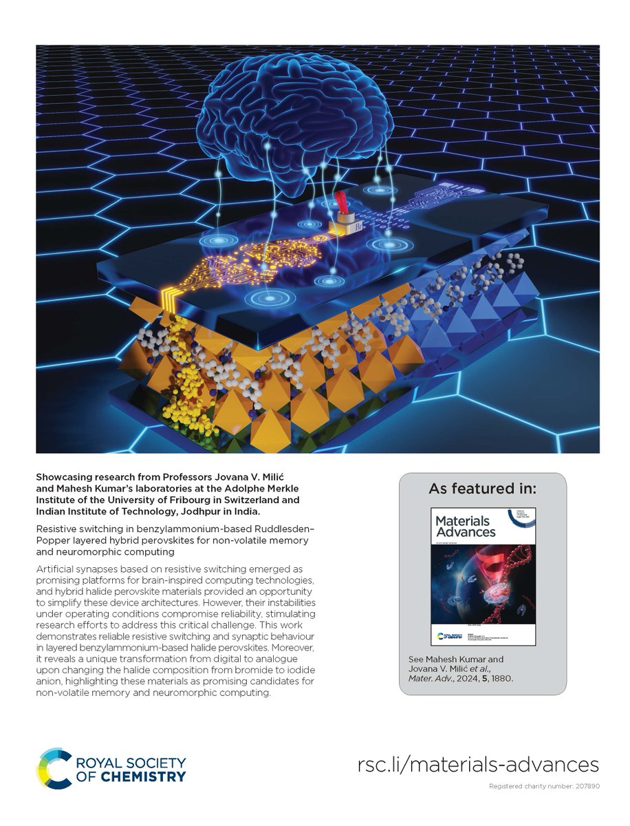 J. Mater. Chem. family (@jmaterchem) on Twitter photo Read our back cover for #MaterialsAdvances issue 5 here!
'Resistive switching in benzylammonium-based Ruddlesden–
Popper layered hybrid perovskites for non-volatile memory and neuromorphic computing'
doi.org/10.1039/D3MA00…
<a href="/mkumar_IITJ/">Mahesh Kumar</a> <a href="/iitjodhpur/">Indian Institute of Technology Jodhpur</a> <a href="/jovana_v_milic/">Dr. J⌬vana V. Milic</a> <a href="/SmartEnergyMat/">Smart Energy Materials</a> Read our back cover for #MaterialsAdvances issue 5 here!
'Resistive switching in benzylammonium-based Ruddlesden–
Popper layered hybrid perovskites for non-volatile memory and neuromorphic computing'
doi.org/10.1039/D3MA00…
<a href="/mkumar_IITJ/">Mahesh Kumar</a> <a href="/iitjodhpur/">Indian Institute of Technology Jodhpur</a> <a href="/jovana_v_milic/">Dr. J⌬vana V. Milic</a> <a href="/SmartEnergyMat/">Smart Energy Materials</a>