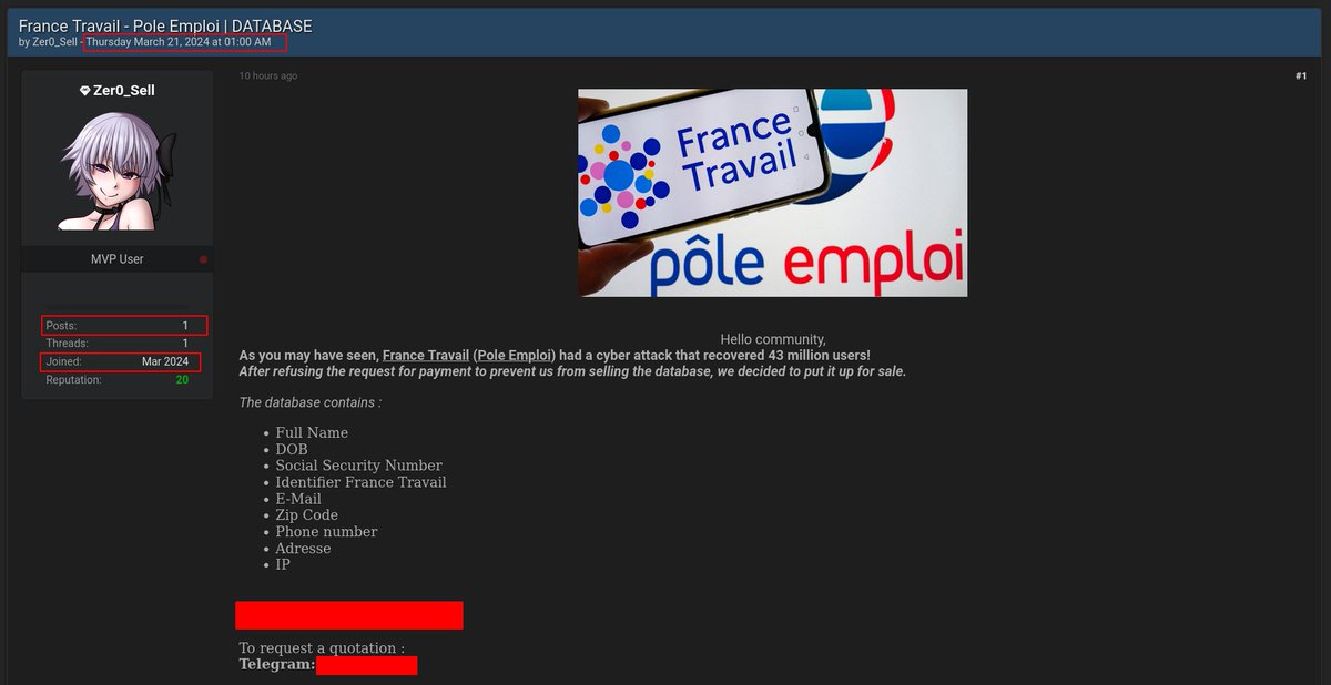 🚨🔴CYBERALERT🔴 |🇫🇷France Travail, les 43M de données en vente depuis cette nuit ?

Ce 21 mars à 1h du matin, un acteur malveillant a posté un message mettant "apparemment" en vente les données de France Travail (ex Pôle Emploi).

Ce pirate dit détenir donc les données suivantes