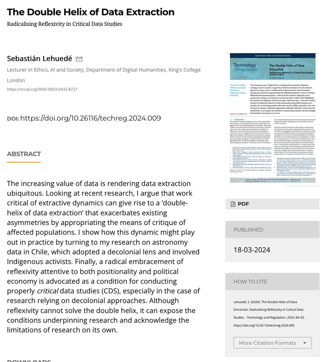 Very happy to be sharing this article on reflexivity in critical data studies. We criticise extraction, but what about our own practices? Crucial for decolonial frameworks techreg.org/article/view/1… Part of a wonderful special issue edited by @spdesouza, @MukiriSmith @linnetelwin.