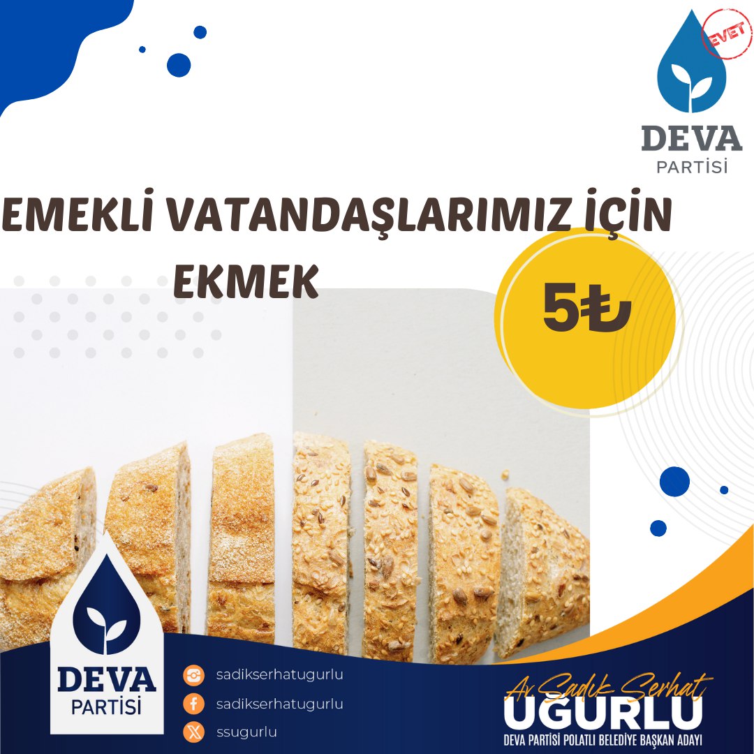 polatliyadeva's tweet photo. SOSYAL BELEDİYECİLİK 

Polatlı Kart sahibi emeklilerimiz belediyemizin antlaşması olan fırın ,market ve bakkallar dan  günlük 2 adet ekmeğini 5₺'den alabilecek. 
Av. Sadık Serhat UĞURLU
Deva Partisi Polatlı Belediye Başkan Adayı

Polatlı KAZANACAK

@alibabacan
@ssugurlu https://t.co/pP4aOJrKTb