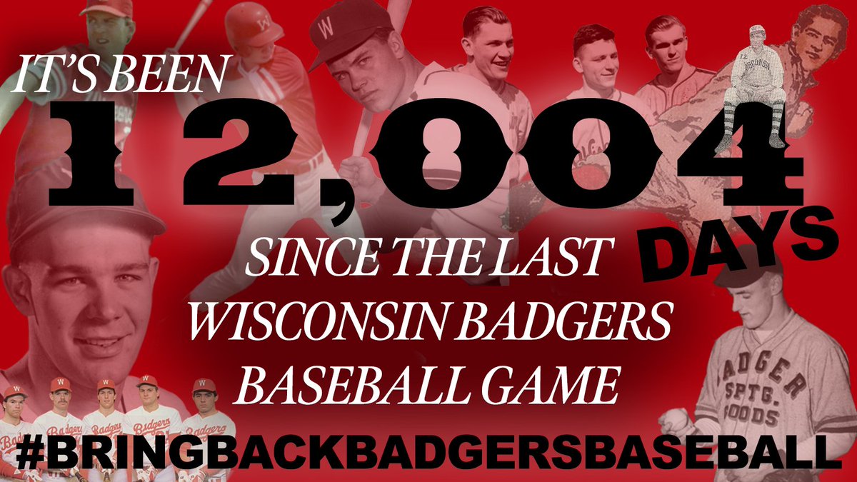 Days Since Badgers Baseball (@4badgerbaseball) on Twitter photo It's been 12,004 days since the last <a href="/UWBadgers/">Wisconsin Badgers</a> baseball game.
<a href="/uwchancellor/">Chancellor Jennifer Mnookin</a>, Chris McIntosh and @JDatWisconsin, it's time to bring back Wisconsin baseball!
🔴 Fuel the Comeback! ⚪️
🦡👐1 Retweet = 1 Rally Cap 👐🦡
#bringbackbadgersbaseball #onwisconsin #gobadgers #badgers It's been 12,004 days since the last <a href="/UWBadgers/">Wisconsin Badgers</a> baseball game.
<a href="/uwchancellor/">Chancellor Jennifer Mnookin</a>, Chris McIntosh and @JDatWisconsin, it's time to bring back Wisconsin baseball!
🔴 Fuel the Comeback! ⚪️
🦡👐1 Retweet = 1 Rally Cap 👐🦡
#bringbackbadgersbaseball #onwisconsin #gobadgers #badgers