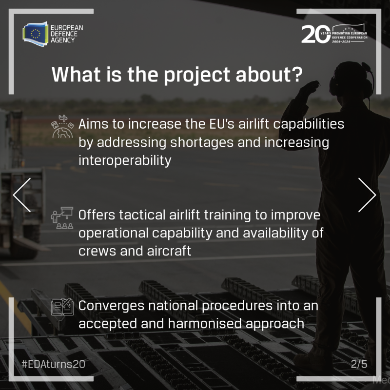 EUDefenceAgency's tweet photo. #EDAturns20 🎉
Starting today, EDA is sharing success stories from 20 years of promoting #EUdefence cooperation. 🙌
⏩ The European Air Transport Fleet (#EATF) programme aims to increase EU’s #airlift capabilities by addressing shortages & increasing interoperability.
More 👇