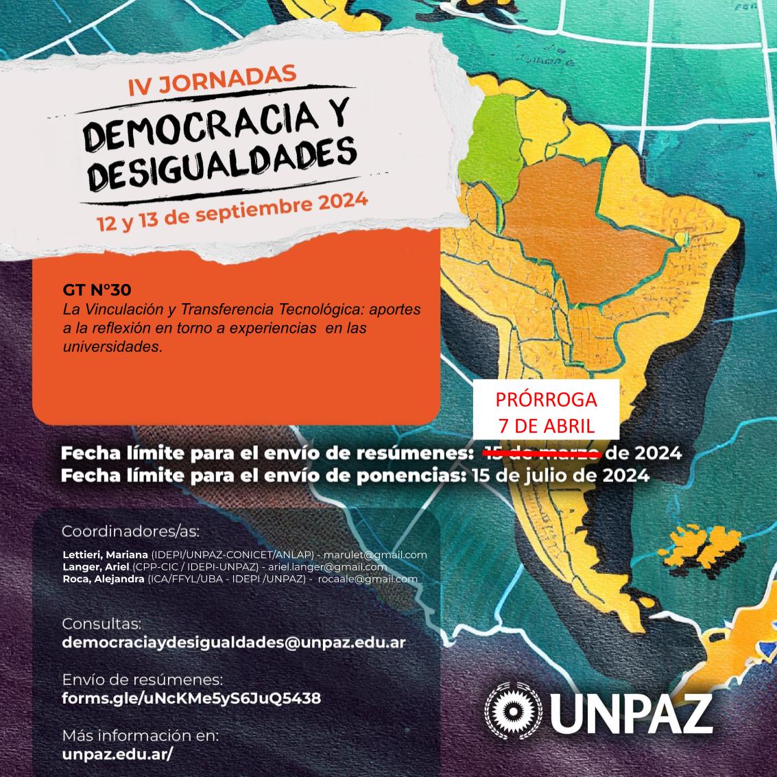 marulet26's tweet photo. Invitamos a participar del debate sobre *La Vinculación y Transferencia Tecnológica: aportes a la reflexión en torno a experiencias en las universidades*, que se desarrollará en las IV Jornadas de Democracia y Desigualdades, en la @UNPAZ_Oficial 

+ INFO: https://t.co/Krr7QaMsm2 https://t.co/w8PifuYnca
