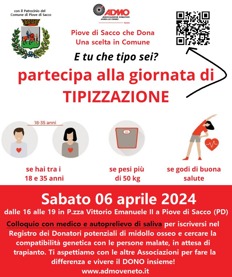 Sabato  06 aprile saremo presenti a Piove di Sacco (PD) per un festa del DONO!  con la possibilità di fare la tipizzazione salivare.
Preadesione👉 forms.gle/twMyVM6zGZ9R8V…