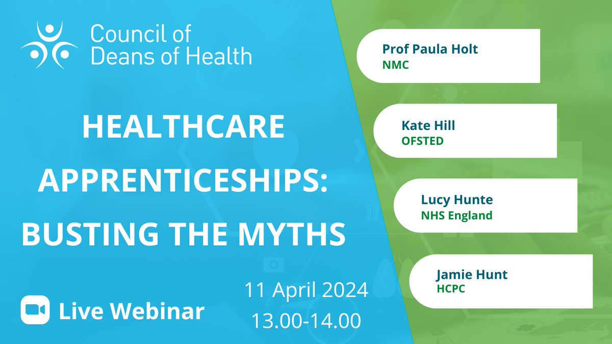 Looking forward to our next webinar on Healthcare Apprenticeships on Thursday 11 April (1PM) with great speakers including <a href="/paulajaneholt/">Prof Paula Holt MBE</a>, Kate Hill, <a href="/HunteLucy/">Lucy Hunte</a> and Jamie Hunt.

🔗To register please contact: events@cod-health.ac.uk