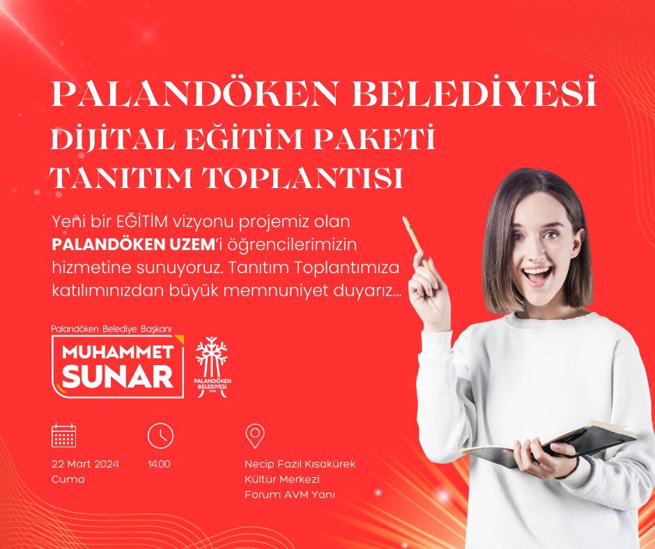 • Yarın saat 14.00’te yeni bir eğitim vizyonu projemiz ile bir araya gelecek, PALANDÖKEN UZEM’in tanıtımını yapacağız. Her sınıf düzeyindeki öğrencilere internet ortamında dijital akıllı öğrenme platformunu sunacağız… <a href="/yzyilmaz55/">Yusuf Ziya Yılmaz🇹🇷</a> <a href="/aliinci_54/">Ali İNCİ</a> <a href="/avibrahimK/">İbrahim KÜÇÜKOĞLU</a> <a href="/HaktanOmeroglu/">Haktan Ömeroğlu</a>