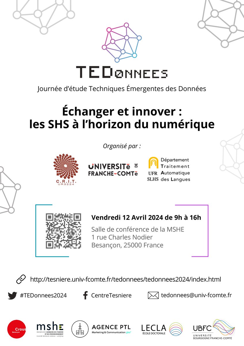 🗓️Le CRIT @CentreTesniere organise le vendredi 12 avril, la journée d'étude TEDonnées 'Échanger et innover : les SHS à l’horizon du numérique'.💻 Elle se tiendra en présentiel à la @MSHE_Ledoux à Besançon et en visioconférence. Pour plus d'infos : tesniere.univ-fcomte.fr/tedonnees/tedo…