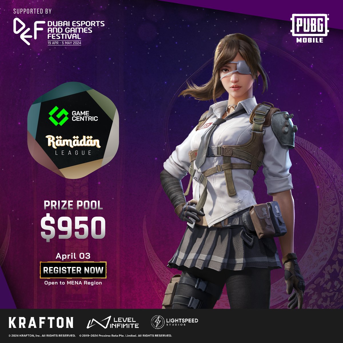 Join us for the Ramadan League supported by DEF! PUBG Mobile tournament kicks off on April 3rd, featuring a prize pool of USD 950 . Don't miss your chance to compete and win! Register Now

bit.ly/48RlaHc

<a href="/DxbEsportsFest/">Dubai Esports and Games Festival</a> <a href="/CelebrateDubai/">Celebrate Dubai</a> 
#DEF #DEF204 #RamadaninDubai