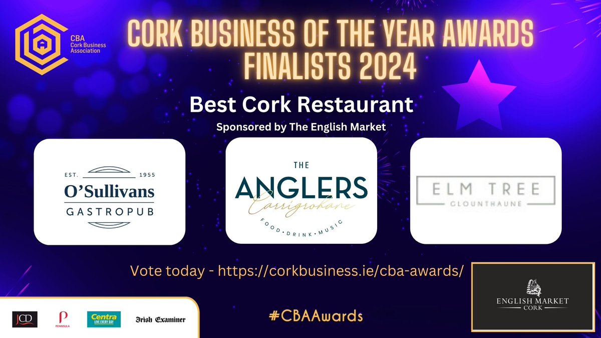 Congrats to the finalists in 'Best Cork Restaurant' category in the CBA Annual Awards. This category acknowledges excellence in quality, service, price & ambience. Winner is decided by pubic vote 🏆corkbusiness.ie/cba-awards/ #CBAAwards @OSullivansCork @ElmTreeCork @EnglishMarket