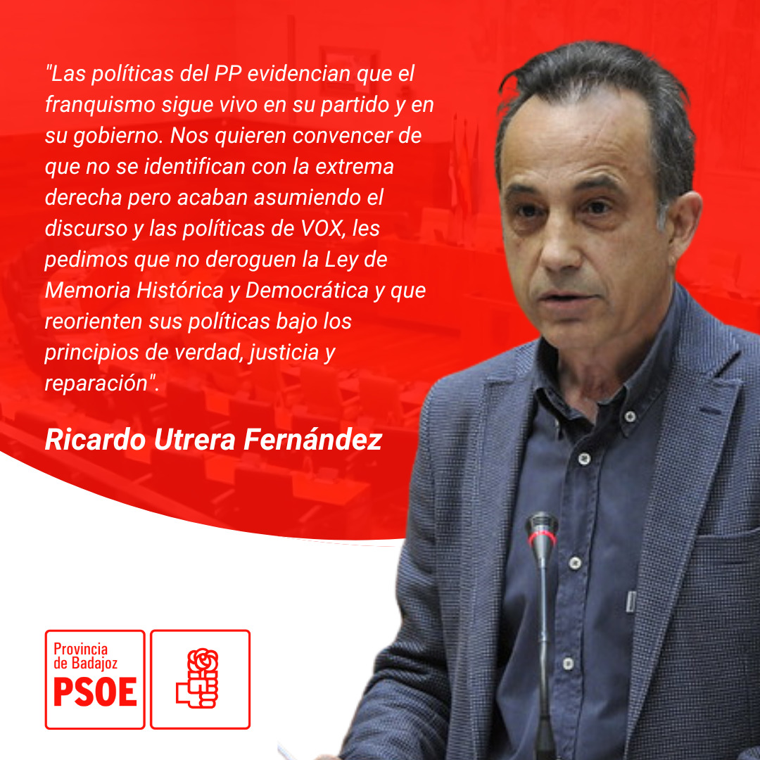 PsoeBadajozCEP's tweet photo. ❌Las políticas del PP evidencian que el franquismo sigue vivo en su partido y en su gobierno. Nos quieren convencer de que no se identifican con la extrema derecha pero acaban asumiendo el discurso y las políticas de VOX.

🗣️@ricardoutrera 

#Pleno21🏛️ https://t.co/jfOrQ7ONz4