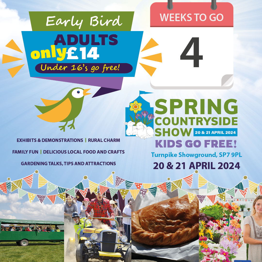 ⏰ Countdown: 4 Weeks to the Spring Countryside Show! 🌿🎉 April 20-21 at Turnpike Showground, SP7 9PL for a celebration of spring! 🌸 Feat. Amanda Sandow’s Spotted Ponies, Lamb, Pig & Terrier Races, Dorset Axemen, photography by Charlie Waite, & more. tinyurl.com/mrv4f56u