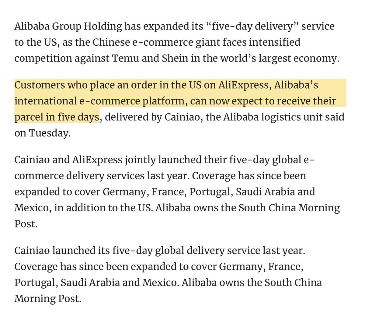 Alibaba brings 5-day delivery on AliExpress to US. It failed to crack the US market and is now seeing Temu flourish, which sells essentially the same goods. But they continue to build out global logistics and play a long-term game.