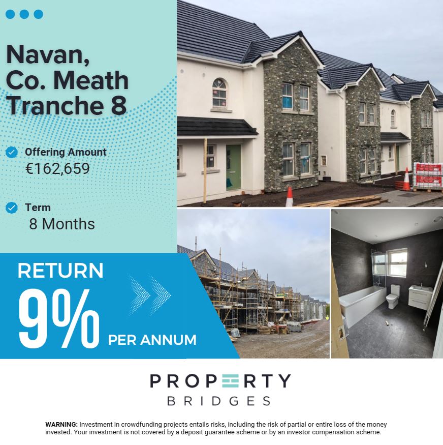 Navan, Co. Meath - T8 Live TOMORROW @10a.m We will be raising €162,659 which will provide funds for the ongoing construction of 10 houses on the site. Expect returns of up to 9% p.a on the completion of the project, maximum term of 8-month. propertybridges.com #P2P