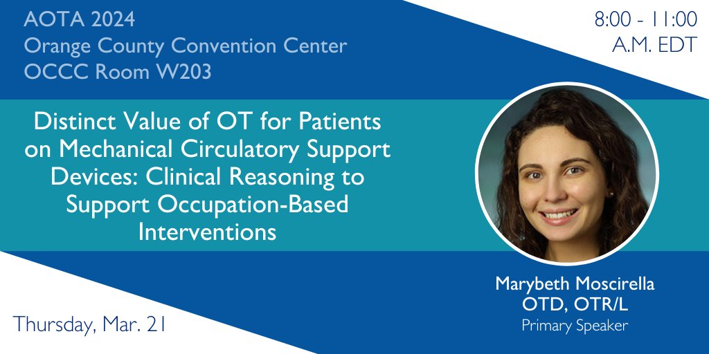 RehabHopkins's tweet photo. #OT has shown to improve outcomes for patients with mechanical circulatory support devices. Join @marybethm_OT and colleagues in this #AOTAINSPIRE24 workshop that will cover the knowledge needed for effective clinical decision-making with this population to inform best practice. https://t.co/pRYlzX3Qiu