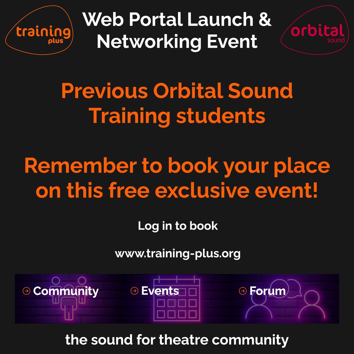 Orbital announces exclusive Training Plus Web Portal and Networking Event! To book your ticket to the free exclusive networking event, RSVP on the Spring Networking Event page - tinyurl.com/3zyhytrp #TeamOrbital #ProAudio #Theatre #Education