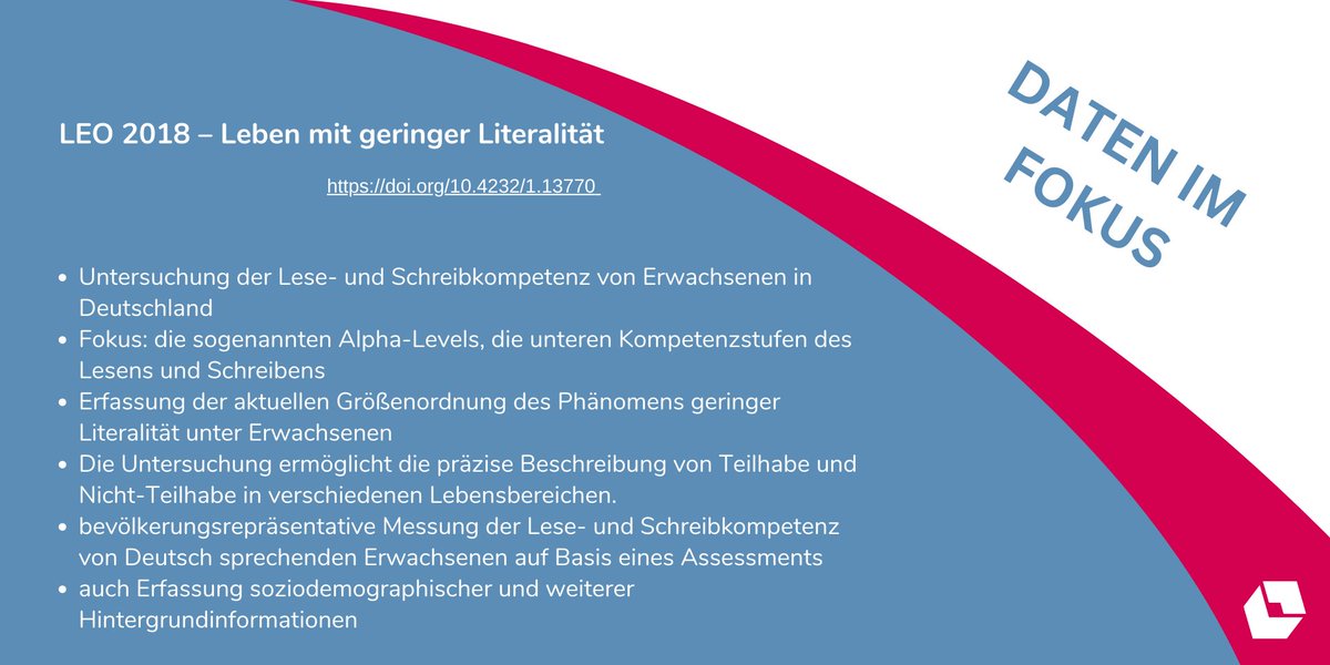 VerbundFDB's tweet photo. #DatenimFokus: Die #LEO2018-Studie untersucht die #Lesekompetenz und #Schreibkompetenz von Erwachsenen in Deutschland.
Infos zu den Daten via @gesis_org 💻➡️ https://t.co/MEs2UUy5SD
Oder live bei #MeettheData am 4. April! 🗓️➡️ https://t.co/aArfWWpTWw
#OpenData #OpenScience https://t.co/2ws711JVoa