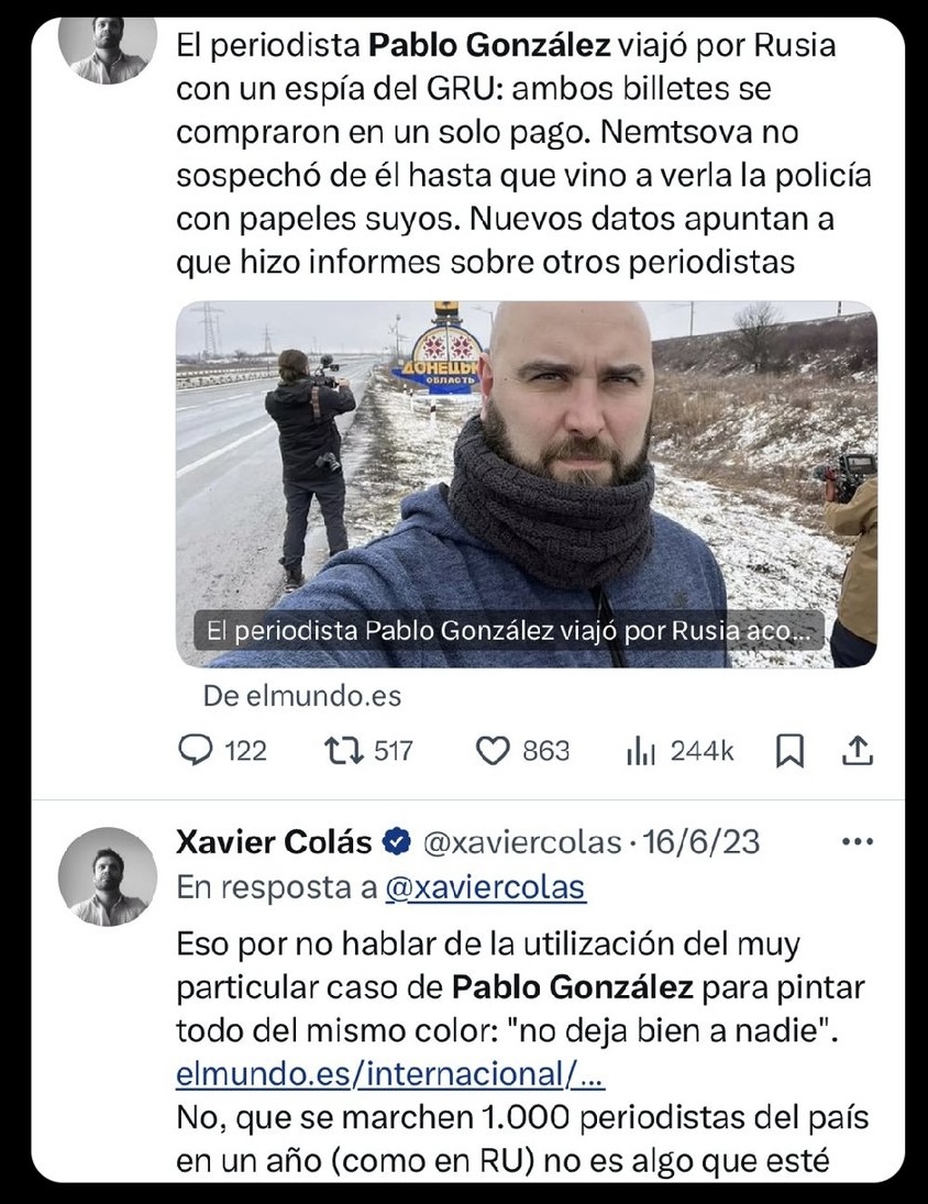 ciudadfutura's tweet image. Cuando ahora gime porque no le han renovado el visado en Moscú, es bueno recordar que este bulto sospechoso de @xaviercolas publicaba infames tuits sobre el periodista español Pablo González, quien lleva más de dos años en las mazmorras del régimen polaco sin derecho a un juicio.