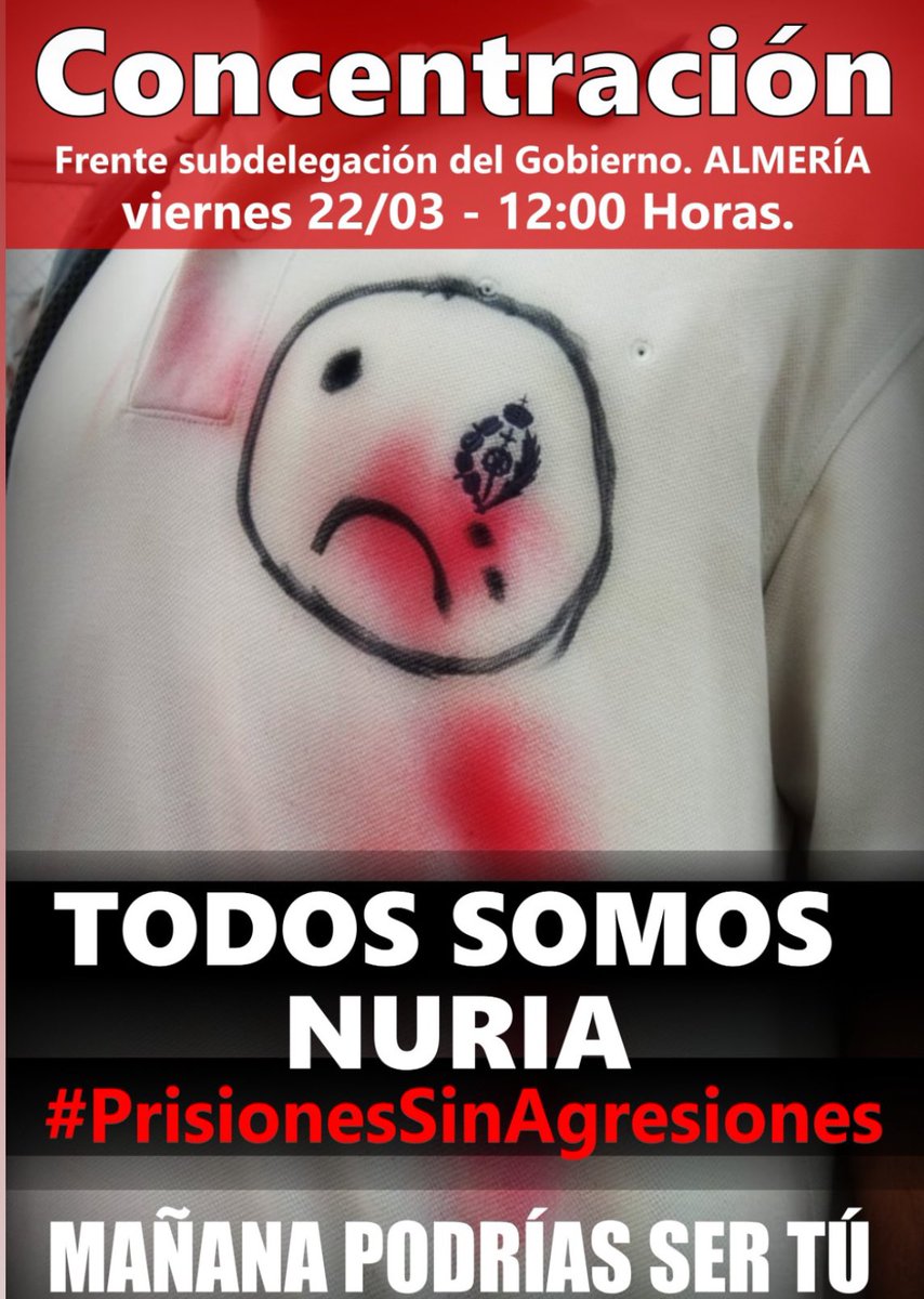 🏴Convocada concentración Viernes 21- 1️⃣2️⃣0️⃣0️⃣HORAS frente Subdelegación del gobierno Almería.🏴
👉ACUDE , el próximo puedes ser tú👈
#sosprisiones <a href="/La_SER/">Cadena SER</a> <a href="/COPE/">COPE</a> <a href="/canalsuralmeria/">Canal Sur Almería</a> <a href="/ideal_almeria/">ideal_almeria</a> <a href="/lavozdealmeria/">La Voz de Almería</a> <a href="/DiarioDAlmeria/">Diario de Almería</a>