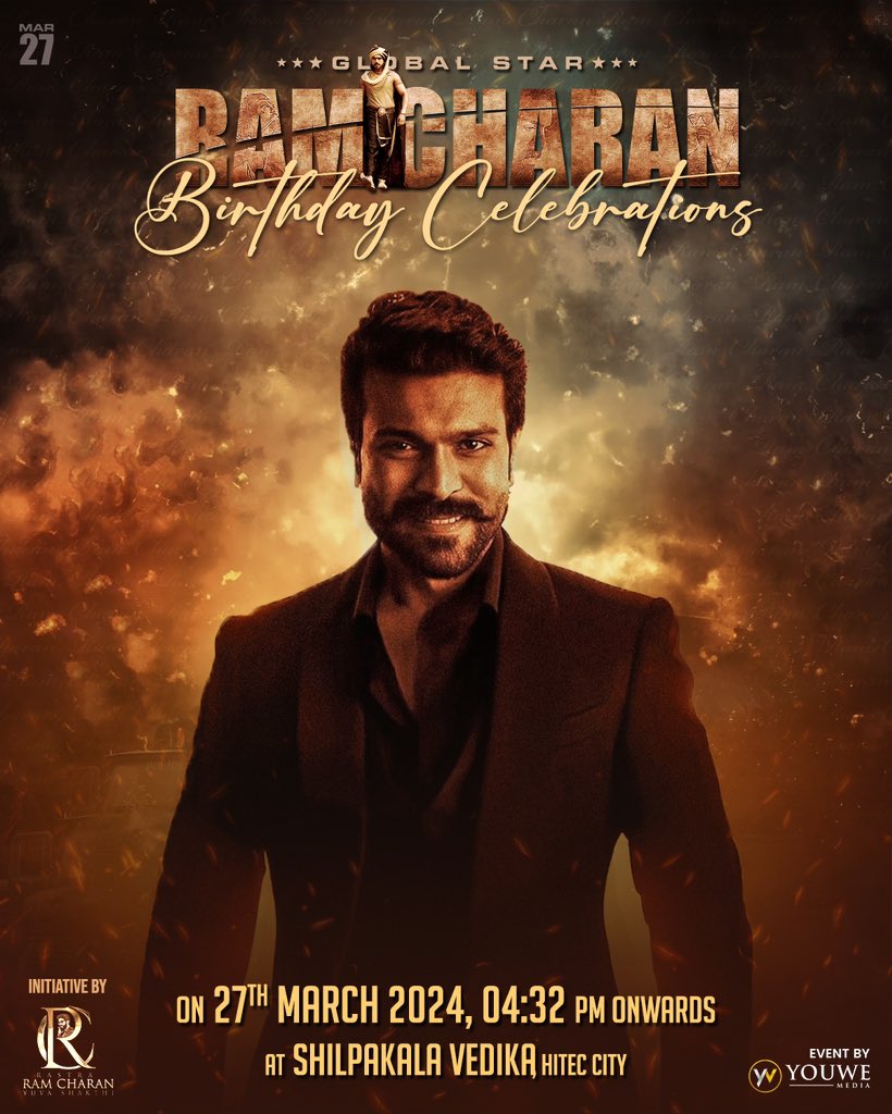 Biggest Birthday Event for Any Hero in TFI is Here 🔥

Get Ready for the Fireworks on maRCh 27th from 4:32 PM onwards in Shilpakala Vedika, Hitech City !!

Let's Make it Bigger, Grander & Special than Previous Years ❤️‍🔥

#RamCharanBdayMonth #MassmaRCh