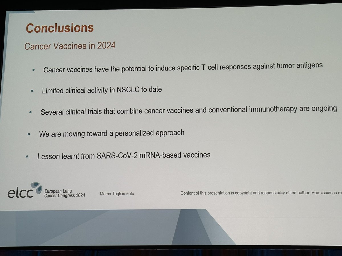 g_mountzios's tweet photo. #ELCC24  @M_Tagliamento excellent discussion on cancer vaccines in #NSCLC 

➡️Cell-based vaccines ➖
➡️ Peptide vaccines:Atalante-1 in 2L pos for pts who responded to 1L IO
➡️DNA/RNA vaccines ongoing
➡️Oncogenic driver vaccines KRAS
➡️ Neoantigen selection!
#ESMOAmbassadors #some https://t.co/56mpUrLdWc