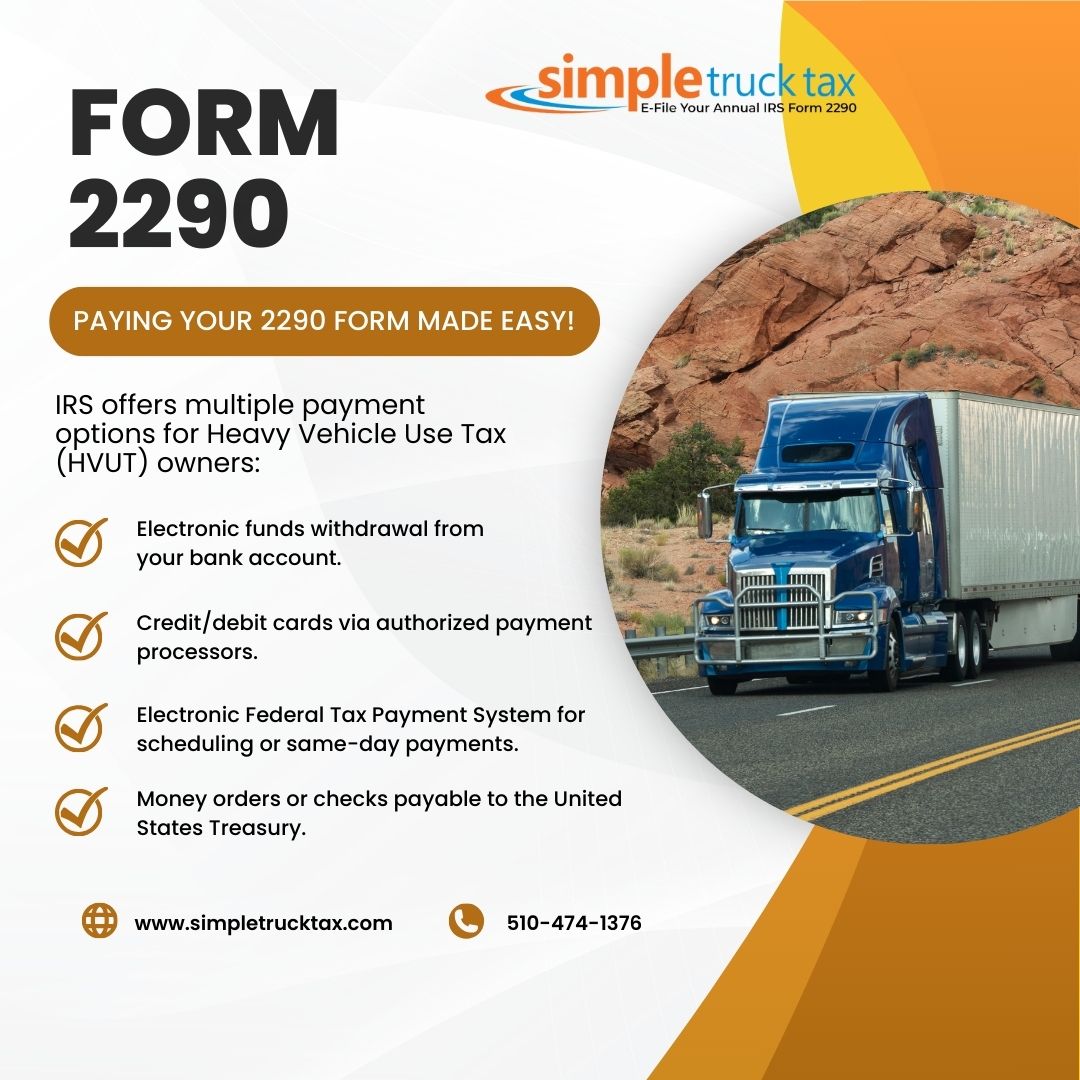 Multiple Payment Options for IRS Tax Payers !
simpletrucktax.com
#trucker #security #IRSHelp #frequentlyasked #Efile #Trusted #TaxCompliance #IRSAssistance #Compliance #taxseason #TaxFiling #VehicleTax #Form2290 #HighwayMaintenance #instagram #trucks #American #trucking