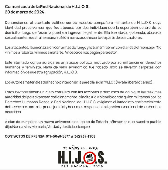 eldestapeweb's tweet photo. "Hacemos responsable al Gobierno nacional de los hechos ocurridos"  💬 

🔴La Red Nacional de H.I.J.O.S. denunció un "atentado político" contra una militante de la organización. https://t.co/VqhJBCwbkn