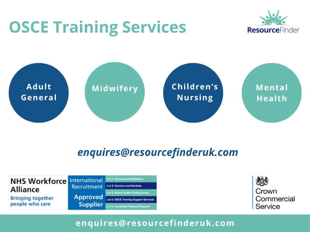 Resource Finder OSCE Training Services 🌟💙

🔸Adult General 
🔹Midwifery 
🔸Children’s Nursing 
🔹Mental Health 

📧 - enquires@resourcefinderuk.com