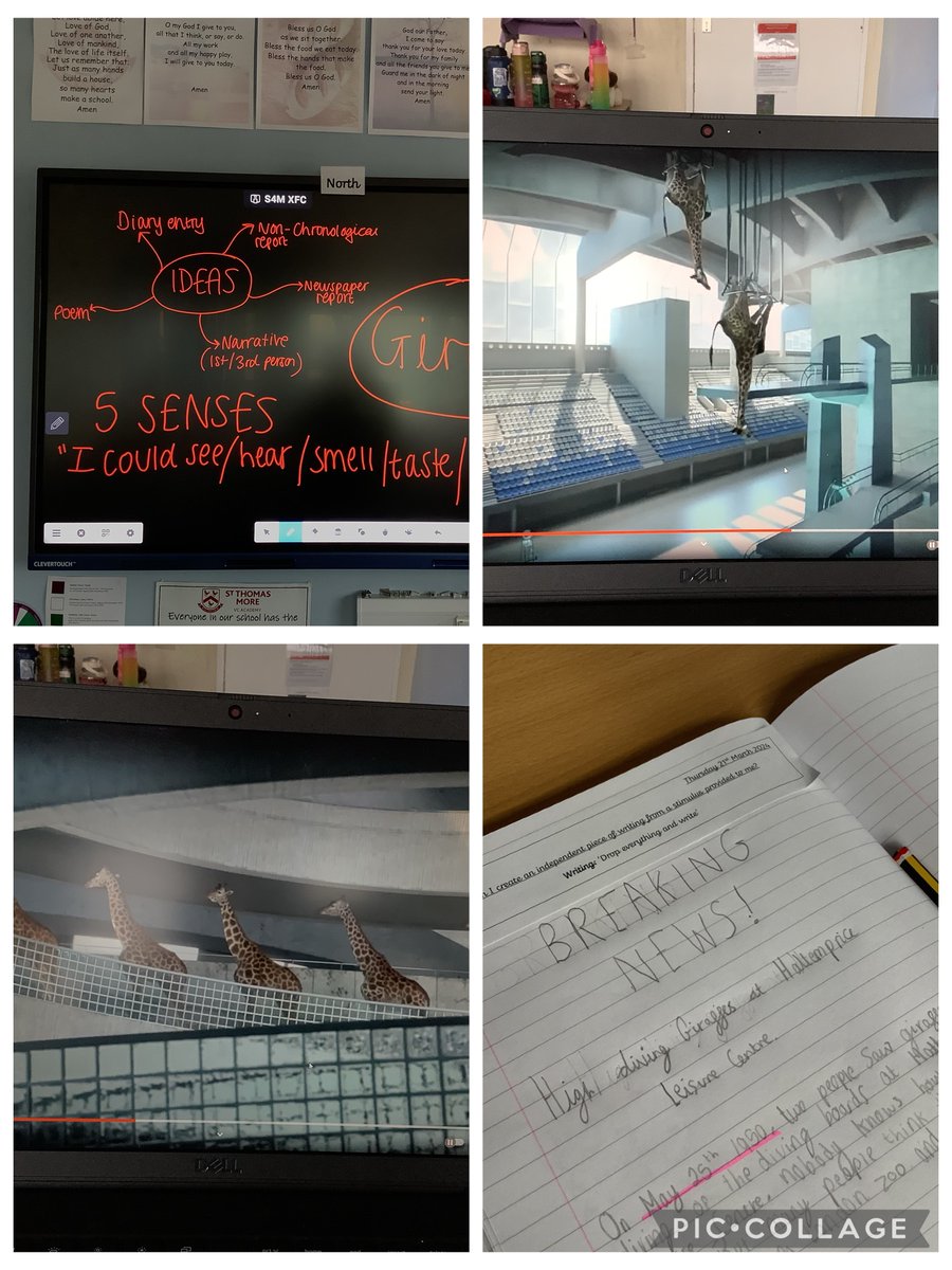 Year5STM1's tweet photo. In our creative writing lesson, we have used 'High Diving Giraffes' as our stimulus. Year 5 absolutely loved this video and came up with some great ways to present their writing! @LiteracyShed @STM_Hull 🦒✍🏻 https://t.co/YioC4gDalY