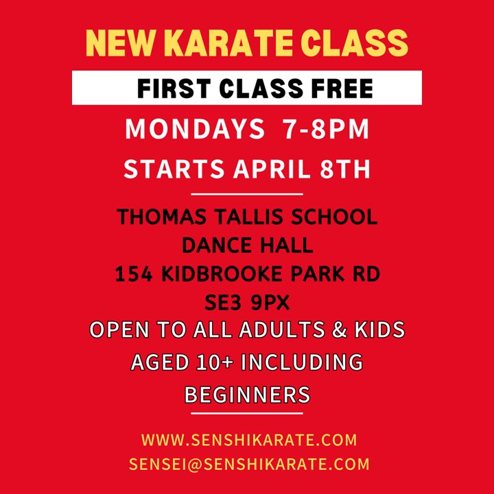 SenshiKarate's tweet photo. We're excited to announce a new class in the Kidbrooke / Blackheath area.  

- From 8 April 2024 
- 7-8pm 
- Thomas Tallis School (dance hall), 154 Kidbrooke Park Road, SE3 9PX 
- Open to all adults and kids aged 10+ including beginners  

More details: https://t.co/scT0fPTKI2 https://t.co/V6FVUHFu2g