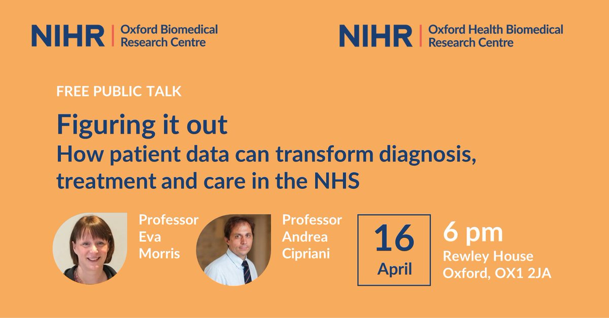 How is your healthcare data being used?🤔 Join us for this FREE public talk where our leading data scientists discuss how NHS patient data is transforming diagnosis, treatment and care oxfordbrc.nihr.ac.uk/brc-event/publ…