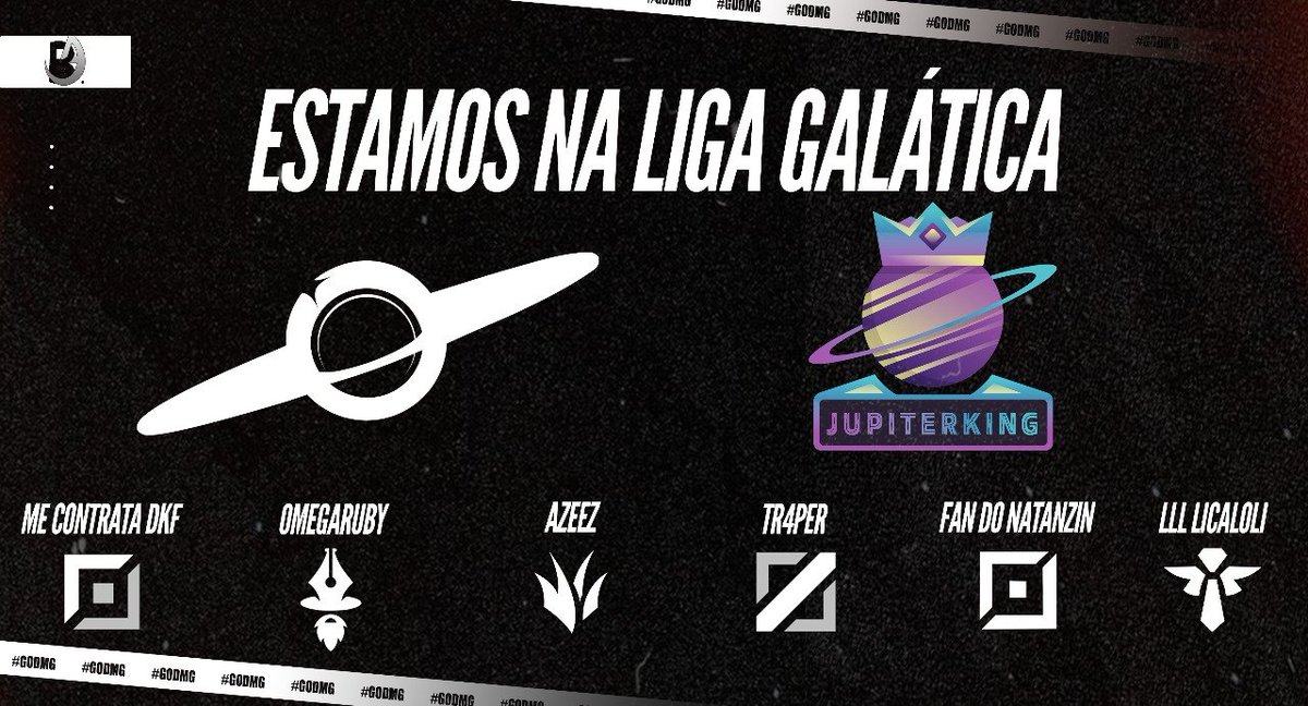 A equipe escolhida para a Liga Galáctica está pronta para decolar! 🚀 

Com habilidades afiadas e determinação implacável, estamos prontos para enfrentar qualquer desafio. Acompanhe nossa jornada cósmica! 
#LigaGaláctica #Esports #Damage @GODMG #LeagueofLegends #Empoliga