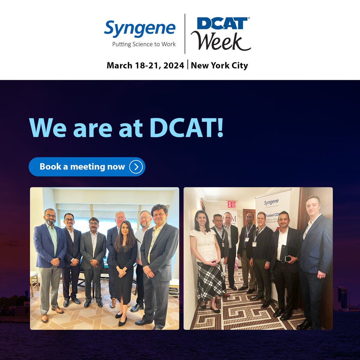 SyngeneIntl's tweet image. Last chance to meet us at #DCATWeek 2024! Meet with our team to understand how Syngene can assist you in accelerating your small molecules and biologics programs.

Wishing you fruitful meetings and a wonderful day ahead.

Book a meeting👉 pulse.ly/f5fgvxou8a

#Biopharma