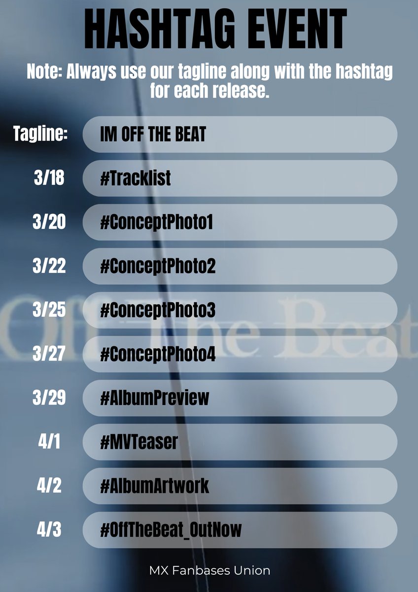 - Hashtag Event 📢

You can start using the tags now! Can we get 50 likes, replies, and RT?!😍

IM OFF THE BEAT
#ConceptPhoto2 #아이엠 <a href="/IMxSMEK/">stan jungwoo</a> 
#MONSTAX #몬스타엑스 <a href="/OfficialMonstaX/">몬스타엑스_MONSTA X</a>