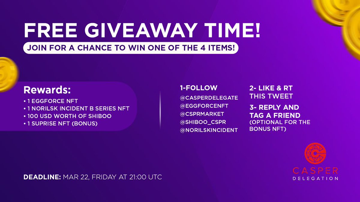 Casper Delegation (@casperdelegate) on Twitter photo #FreeGiveAway time! Join for a chance to win one of the 4 items!
1- Follow <a href="/CasperDelegate/">Casper Delegation</a> <a href="/EggForceNFT/">EggForceNFT</a> <a href="/CsprMarket/">CSPR.market</a> @Shiboo_cspr <a href="/NorilskIncident/">Norilsk Incident - NFT Comics</a>
2- Like & RT this tweet
3- Reply and tag a friend (optional for the bonus NFT)
Rewards:
- 1 EggForce NFT
- 1 Norilsk Incident B #FreeGiveAway time! Join for a chance to win one of the 4 items!
1- Follow <a href="/CasperDelegate/">Casper Delegation</a> <a href="/EggForceNFT/">EggForceNFT</a> <a href="/CsprMarket/">CSPR.market</a> @Shiboo_cspr <a href="/NorilskIncident/">Norilsk Incident - NFT Comics</a>
2- Like & RT this tweet
3- Reply and tag a friend (optional for the bonus NFT)
Rewards:
- 1 EggForce NFT
- 1 Norilsk Incident B