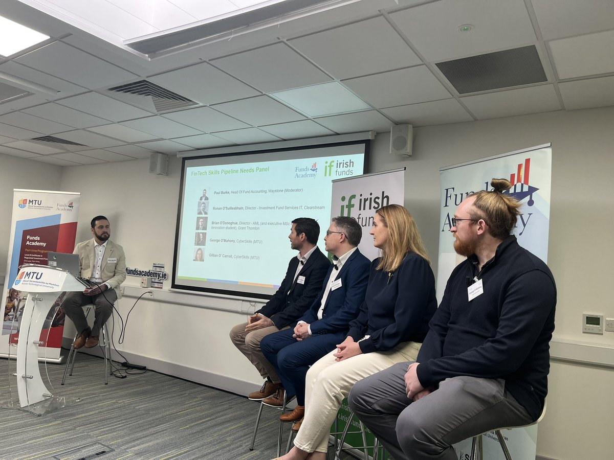 Our 2nd panel addressing skill needs &amp; opportunities for enhanced industry-academic collaboration in finance &amp; funds sector.

🔹 Ronan O'Suilleabhain, <a href="/Clearstream/">Clearstream</a> 
🔹 Brian O'Donoghue, <a href="/GrantThorntonIE/">Grant Thornton Ire</a> 
🔹 George O'Mahony &amp; Gillian O'Carroll, <a href="/CyberSkills_IRL/">Cyber Skills</a> 

#CorkforIFS