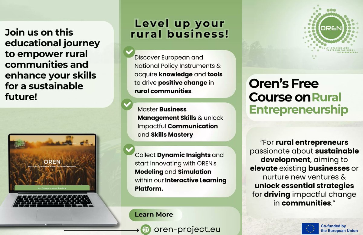 🌄Are you passinate about #sustainable #ruraldevelopment? 💶Do you have a rural business & are eager to boost it? 📈Want to drive impactful change in your communities?👩‍🎓Join the @OrenProjectEu FREE Course on #ruralEntrepreneurship to enhance your skills😃oren-project.eu/course