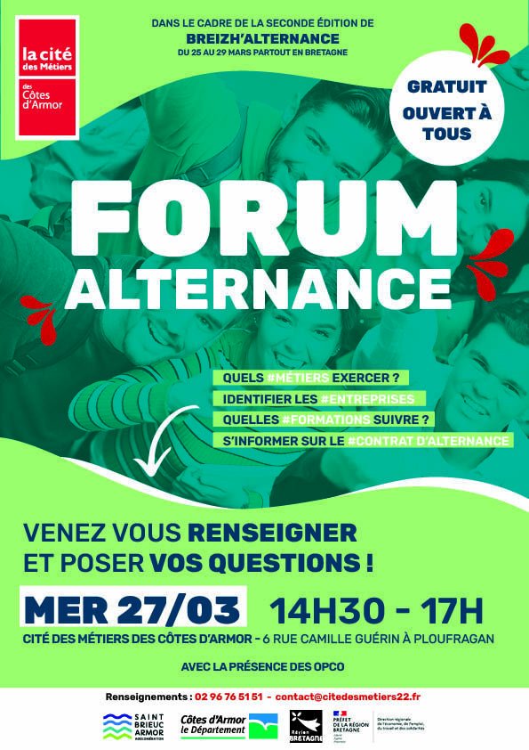 📢Nous vous donnons rendez-vous au forum apprentissage alternance qui se déroulera
à la Cité des Métiers des Côtes d'Armor
6 rue Camille Guérin, à PLOUFRAGAN
👉le mercredi 27 mars, de 14h30 à 17h.
dans le cadre de la 2nde édition de BREIZH ALTERNANCE