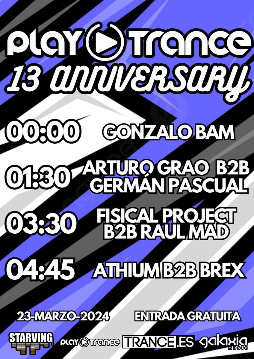 Trance.es Media (@trance_es) on Twitter photo Este sábado estáis todos invitados a celebrar los 13 años de <a href="/PlayTranceRadio/">PlayTrance Radio-TV Spain</a> en la Sala Starving de Madrid, con un cartel de lujo y entrada gratuita 😄 Este sábado estáis todos invitados a celebrar los 13 años de <a href="/PlayTranceRadio/">PlayTrance Radio-TV Spain</a> en la Sala Starving de Madrid, con un cartel de lujo y entrada gratuita 😄