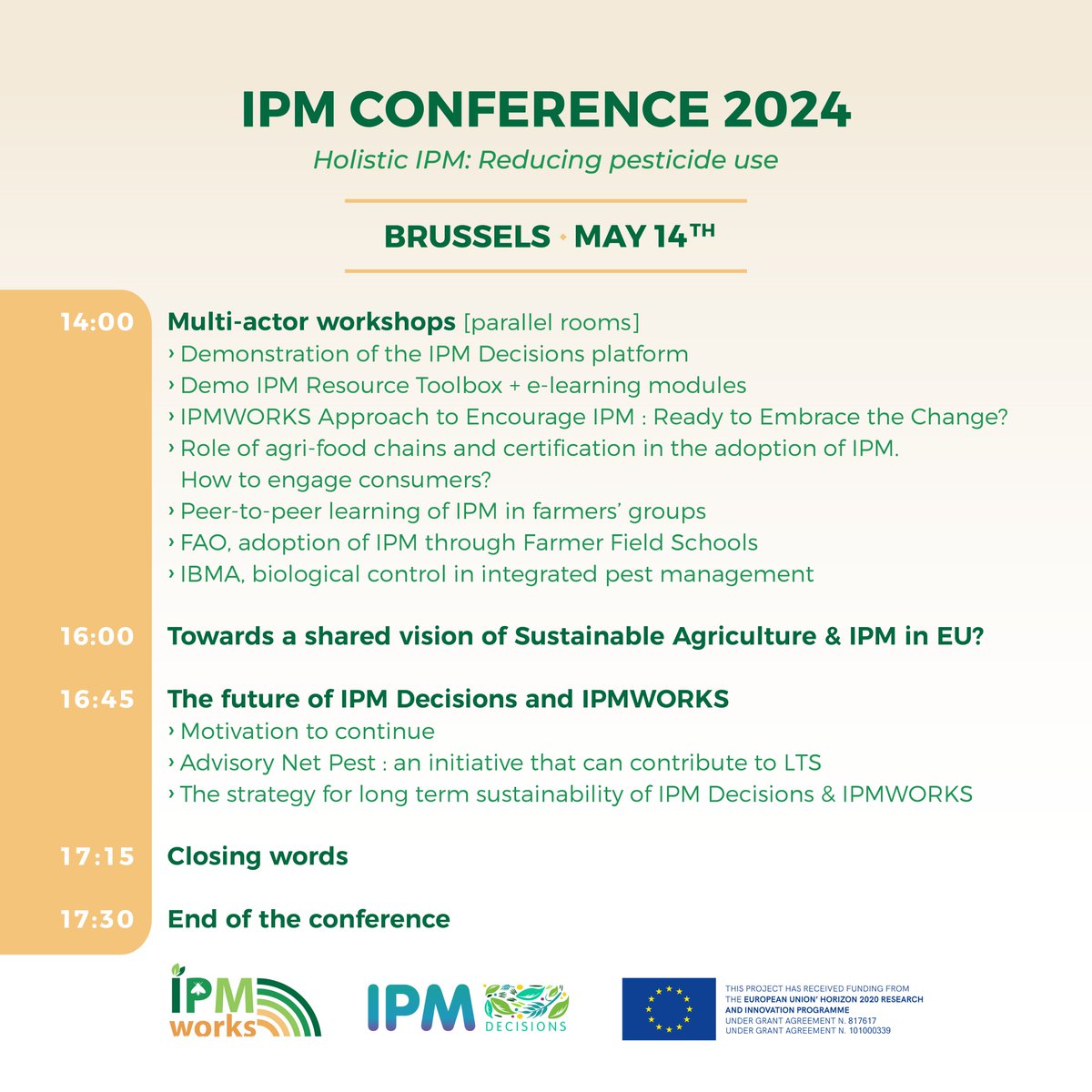 H2020IPMWorks's tweet photo. 📢 Last call for registrations! Don't miss out on the IPM Conference 2024, where experts will explore "Holistic IPM: Reducing Pesticide Use."

Check out the updated agenda!

Secure your spot now and join us for this transformative event!
👉 https://t.co/RoANhM90xs https://t.co/BkqG2QgLLn