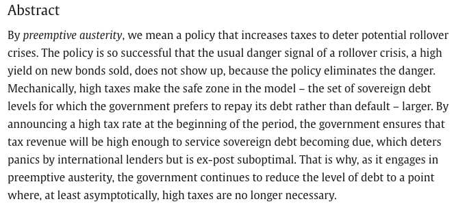 New: 'Preemptive austerity with rollover risk' by Juan Carlos Conesa (@jcconesaSBU) and Timothy Kehoe (@TimTkehoe). Why do countries engage in austerity in the presence of low interest rates? doi.org/10.1016/j.jint… 1/2
