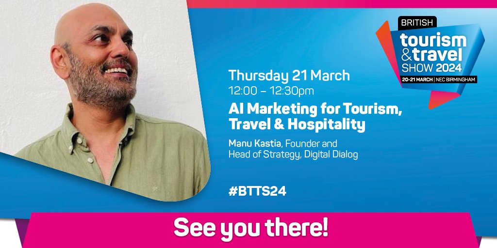 15 minute warning! 

Manu Kastia from Digital Dialog is in the Keynote Theatre covering AI Marketing for Tourism, Travel &amp; Hospitality at 12:00pm. 

Don't miss it!!

#BTTS24 #TourismShow #Tourism #VisitEngland #VisitWales #VisitWales #VisitScotland #VisitIreland #BritishTourism