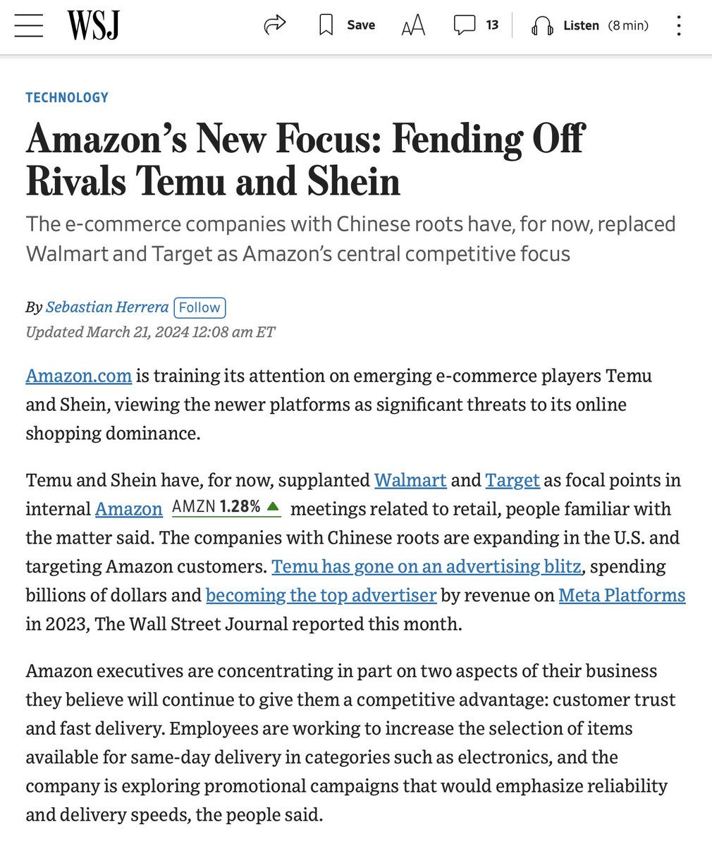 Amazon is paying less attention to Walmart and Target and focusing instead on Temu and Shein, the two e-commerce disruptors from China who are doing what Amazon cannot do.