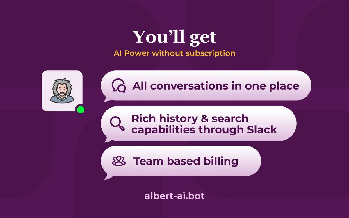 nhuethmayr's tweet photo. 🚨Today I'm launching a Slack app that I build over the last couple of weekends.

Albert AI

An AI integration for Slack that lets you bring your own API key. No monthly subscription, just pay for what you use.

Find the link below 👇 https://t.co/MmVLvyHG3F