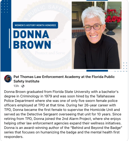 I'm truly humbled. I graduated from the Pat Thomas Law Enforcement Academy at the Florida Public Safety Institute 45 years ago. It will always hold a special place in my heart, they gave me the start to a career and journey I truly loved. #LawEnforcement #womeninpolicing