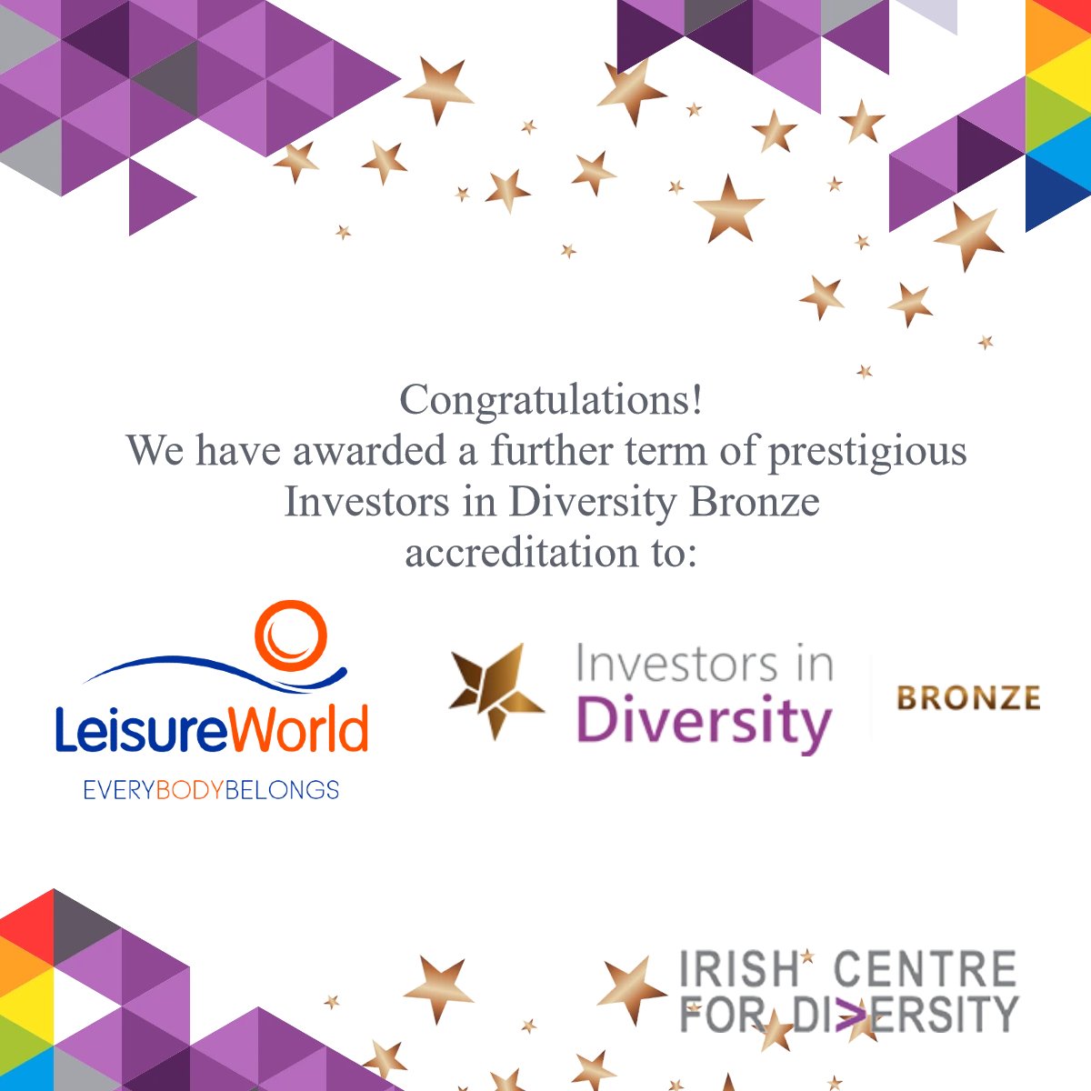 Congrats! @LWCork one of the most experienced facility management providers in Ireland, has been presented with a further term of Investors in Diversity Bronze - Ireland’s premier #DiversityandInclusion accreditation. We look forward to sharing their further progress