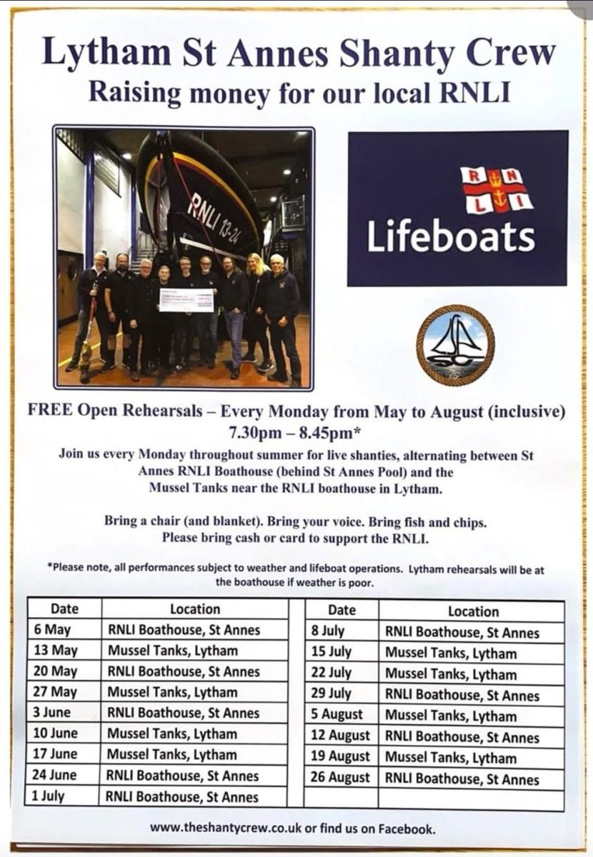 Summer schedule for our "open rehearsals" where we'll be singing outside for anyone to hear. Why not pop along? Free, but RNLI buckets will be present if you care to donate.